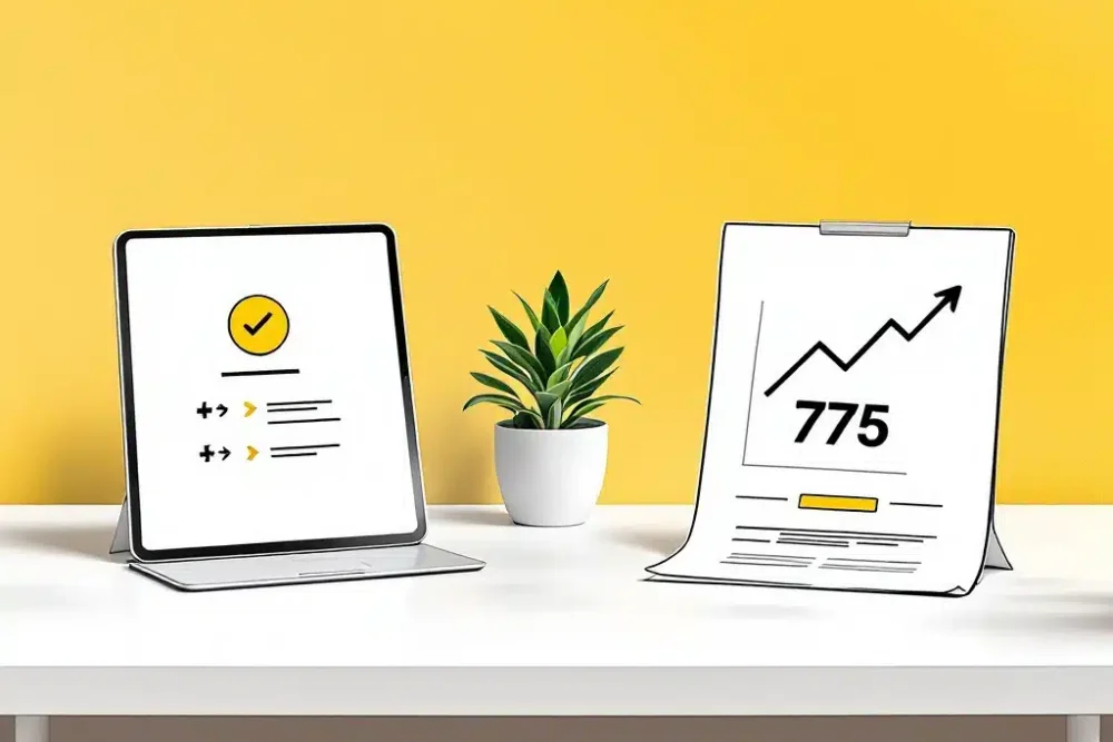 Split-screen bureau met tablet met boekingsinterface en prijsgrafieken, gescheiden door kleine plant op witte ondergrond