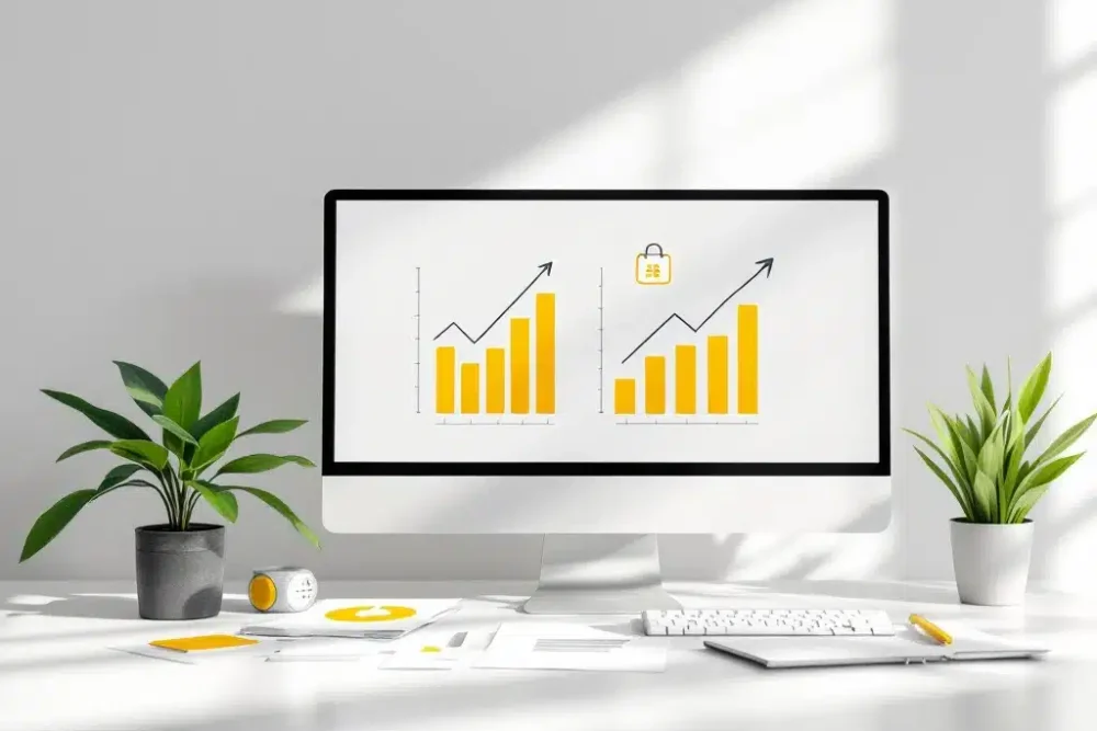 Computerscherm met boekingsgrafieken en optimalisatiedata in geel op wit bureau met kalenderpictogram en stijgende pijl