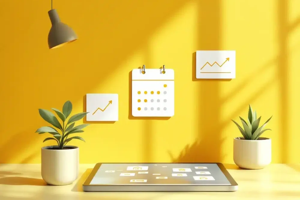 Moderne gele bureau met kalender, boekingspictogrammen en opwaartse grafiek voor SaaS optimalisatie