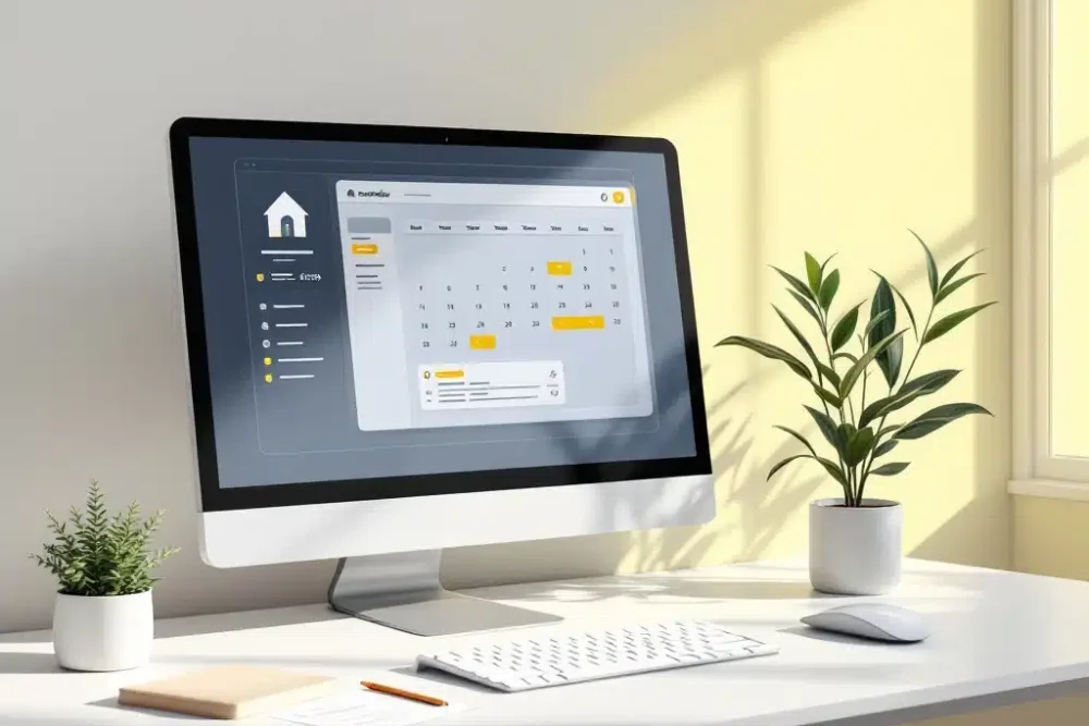 Computermonitor met boekingskalender interface op wit bureau, gele accenten, plant en documenten voor hospitality management