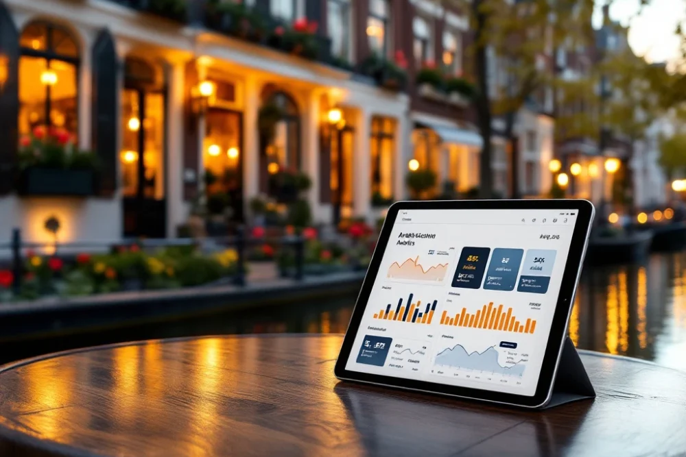 boetiekhotel-amsterdam-gracht-digitale-marketing.jpg Elegante boutique hotel in Amsterdam met traditionele grachtenarchitectuur, tulpen, en een tablet met hotelanalyses op het terras bij zonsopgang.