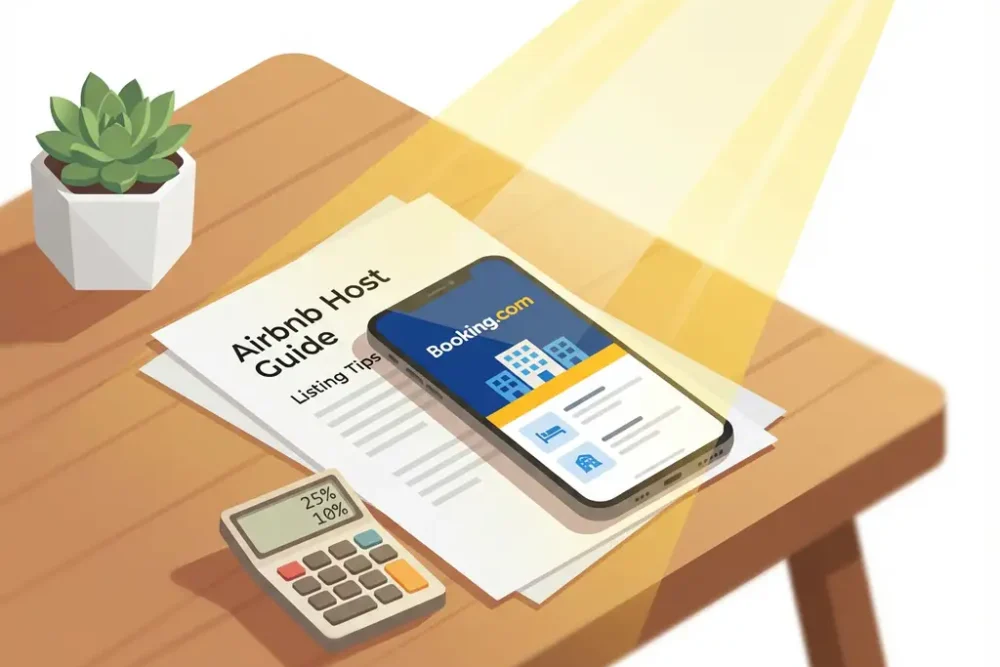 Smartphone met Booking.com app op houten bureau naast Airbnb documenten, rekenmachine en vetplant in geel licht