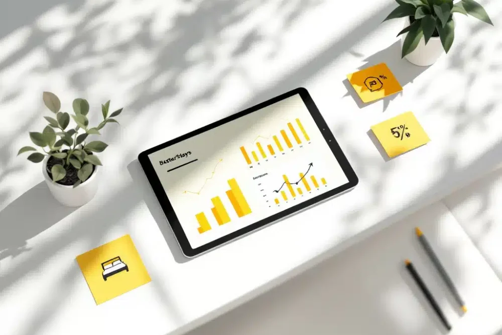 Tablet met boekingsanalyses en grafieken op minimalistisch bureau met hospitality-iconen en gele accenten