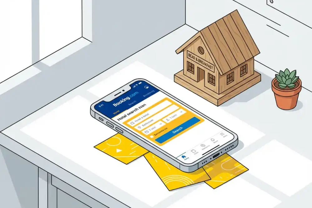Smartphone met Booking.com app op wit bureau naast houten huismodel en vetplant, overhead weergave met gele kaarten