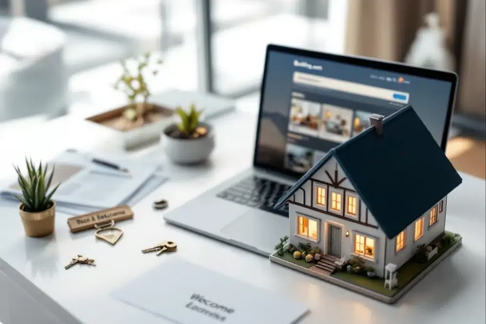 Laptop met Booking.com interface naast miniatuur bed & breakfast model op wit bureau voor accommodatie management