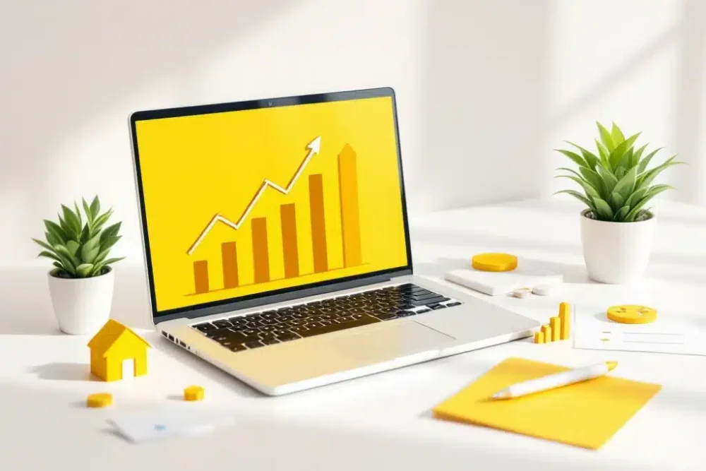 Laptop met gele stijgende grafieken op wit bureau, omringd door papieren met sterbeoordelingen en ranking-iconen