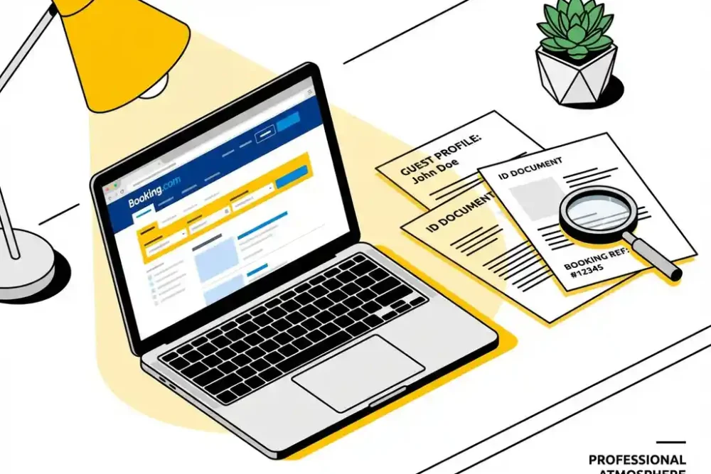 Laptop met Booking.com interface op bureau met vergrootglas over gastprofielen en identiteitsdocumenten