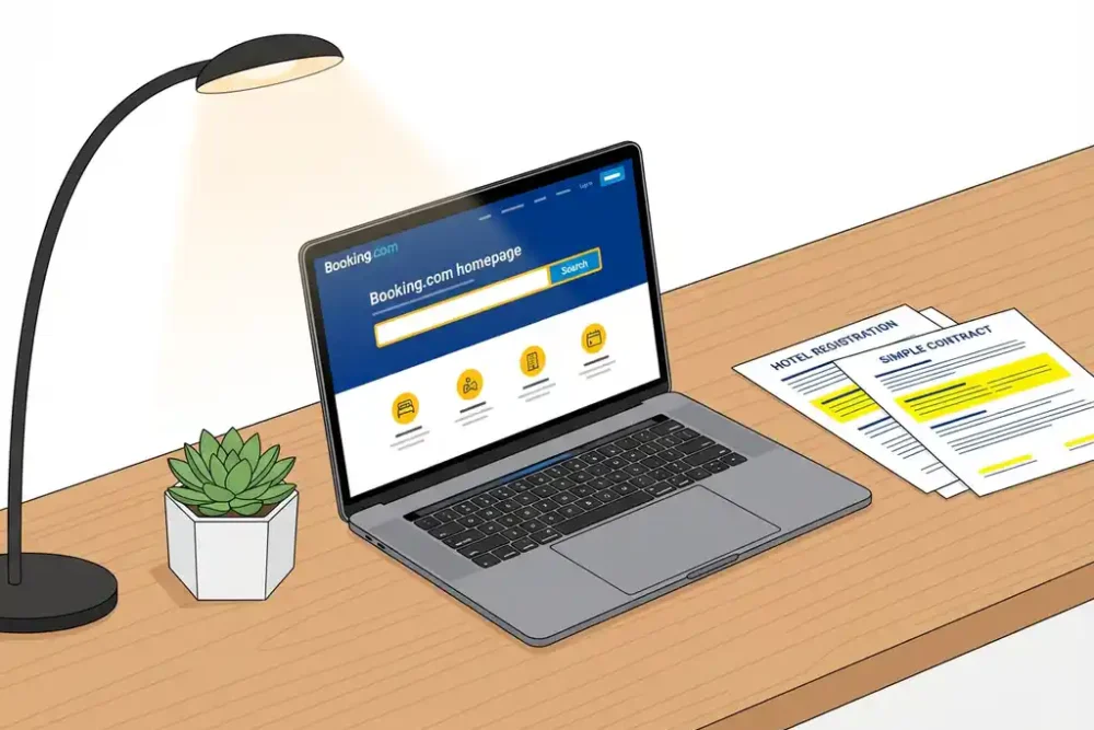 Laptop met Booking.com website op moderne houten bureau met hotelcontracten, succulent en bureaulamp