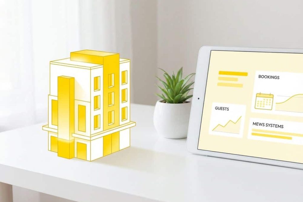 Moderne boetiekhotel icoon naast tablet met MEWS hotelsoftware interface op wit bureau met gele accenten en plantje