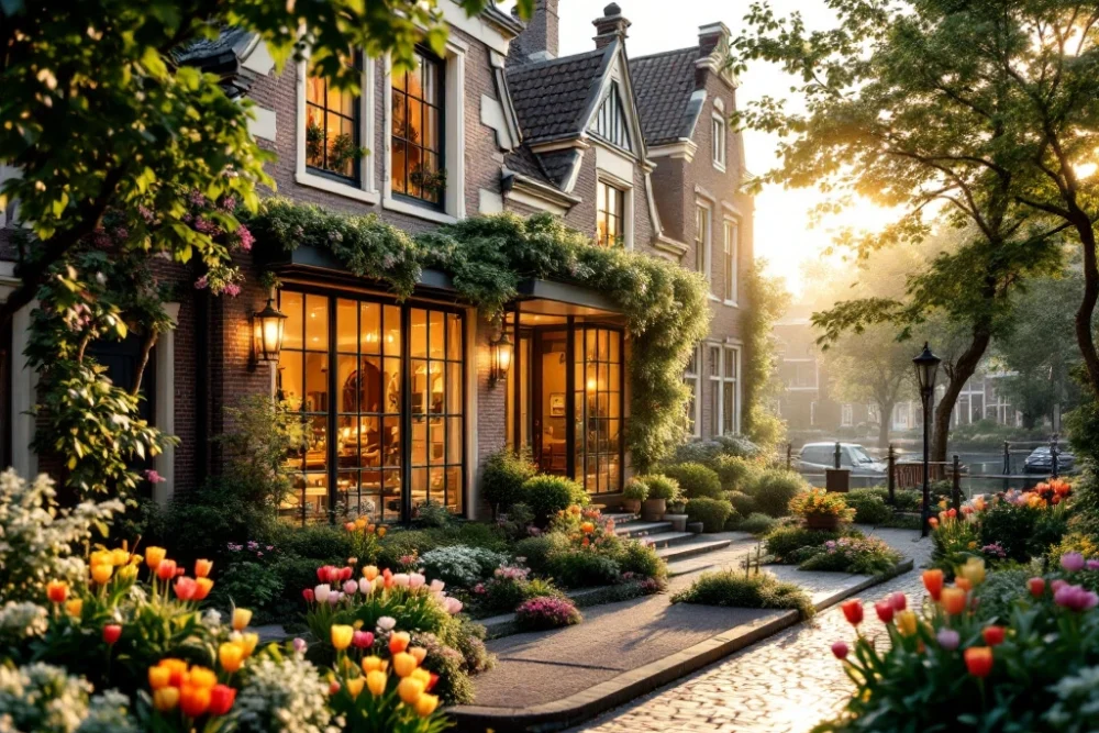 Een charmant boetiekhotel in Nederland, omgeven door groen en kanalen, met traditionele architectuur en een uitnodigende tuin. Charmant boutiquehotel in Nederland: traditionele architectuur, moderne accenten, tuin met tulpen, kanalen en zonlicht, straalt gastvrijheid uit.