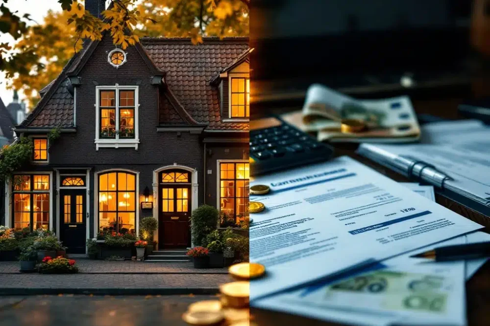 dutch-bnb-box3-belasting-voordelen-calculator.jpg Nederlandse bed & breakfast met traditionele architectuur naast belastingformulieren en calculator op bureau met euromunten