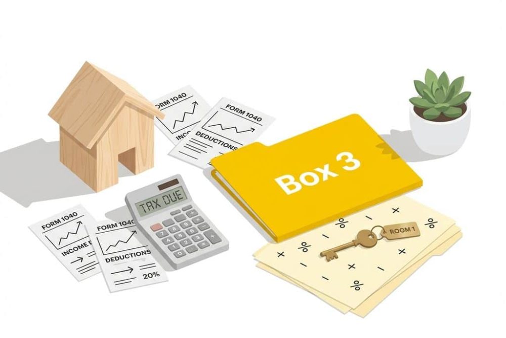 Miniaturhuis naast rekenmachine en belastingdocumenten op wit bureau met gele map "Box 3" en kamersleutel
