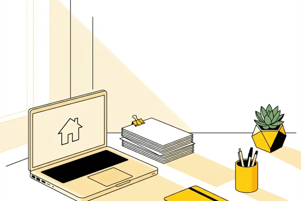 Moderne werkplek met laptop die huisicoon toont, stapel documenten, vetplant en gele accessoires op wit bureau