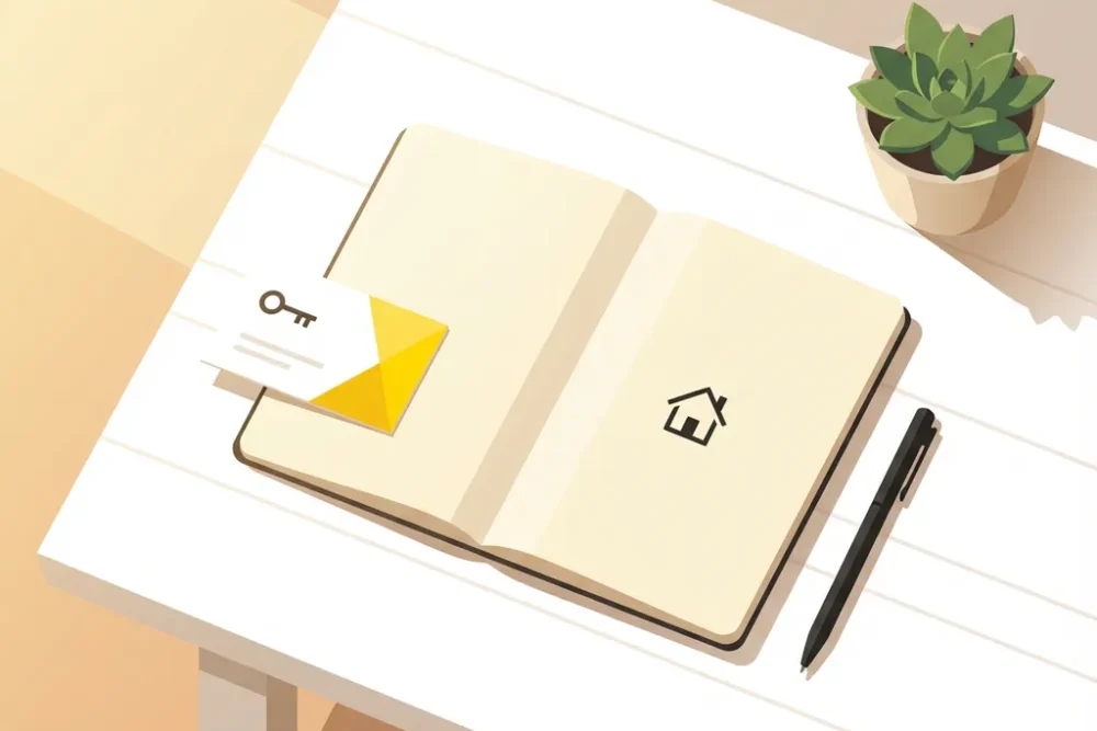 Open notitieboek met huisje-icoon, visitekaartje met sleutelsymbool, vetplant en pen op houten bureau
