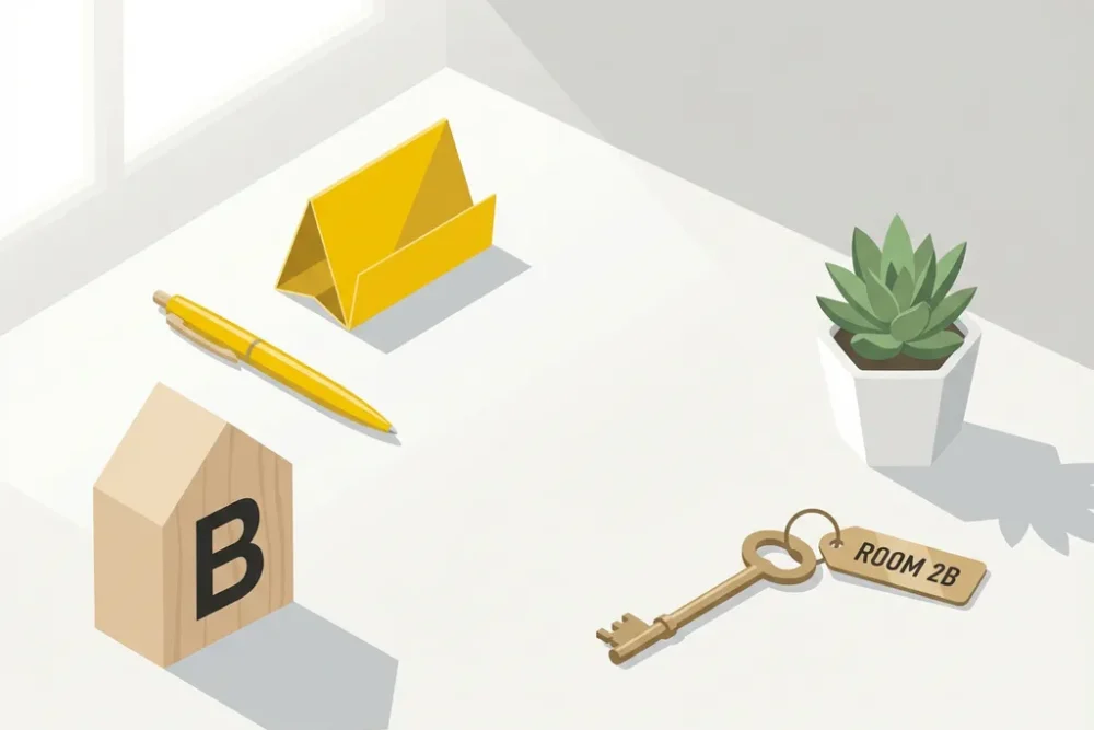 Minimalistische bureauopstelling met hotelsleutel, vetplant, houten blok met letter B en gele accessoires op wit oppervlak