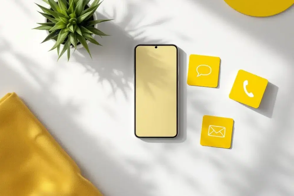 Smartphone met chatpictogram op wit bureau naast gele communicatiekaarten met spraakbubbels en envelop iconen