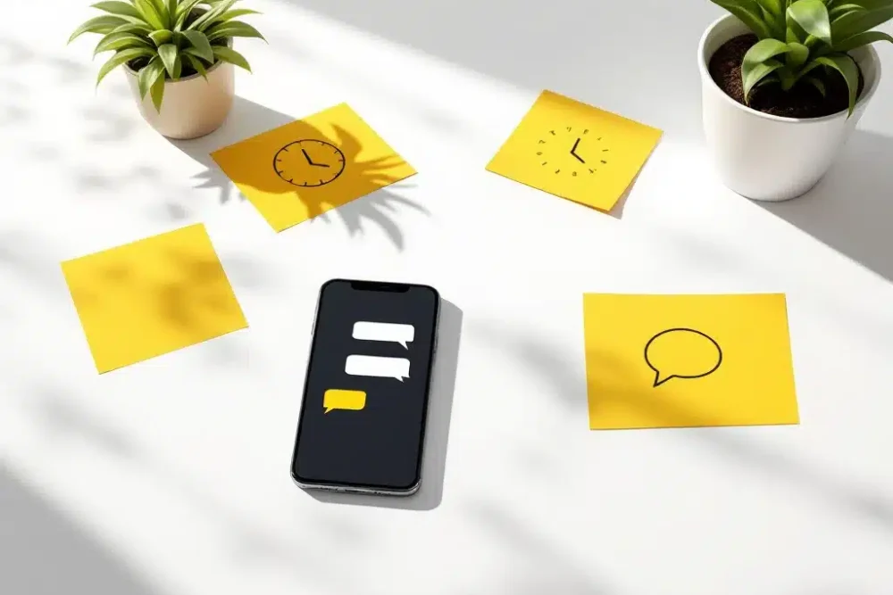 Smartphone met berichtbubbels op wit bureau naast kaarten met klok- en spraaksymbolen, plant, gele accenten