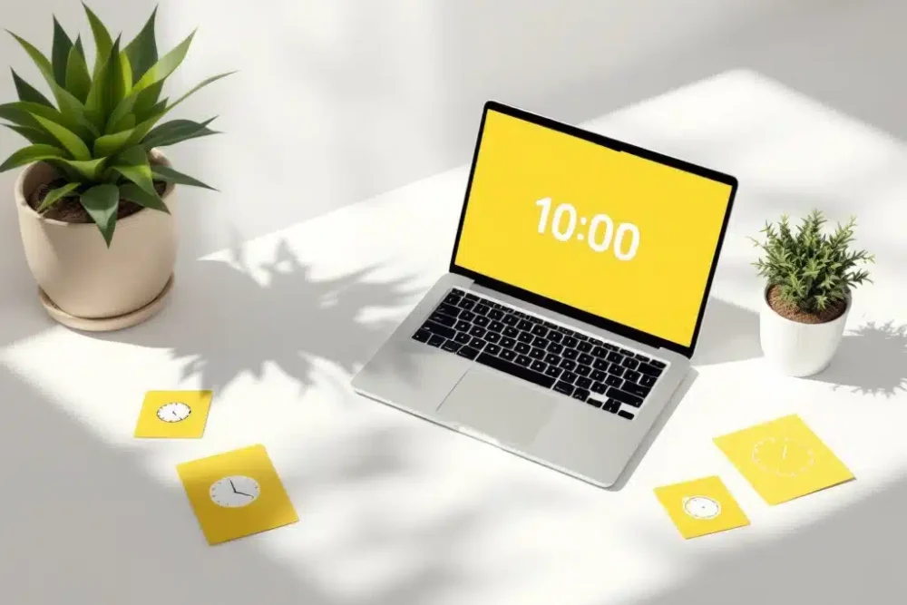 countdown-timer-laptop-deadline-urgentie-illustratie.jpg Laptop met gele countdown timer op scherm naast plant en klok-symbolen op witte bureau, minimalistisch design