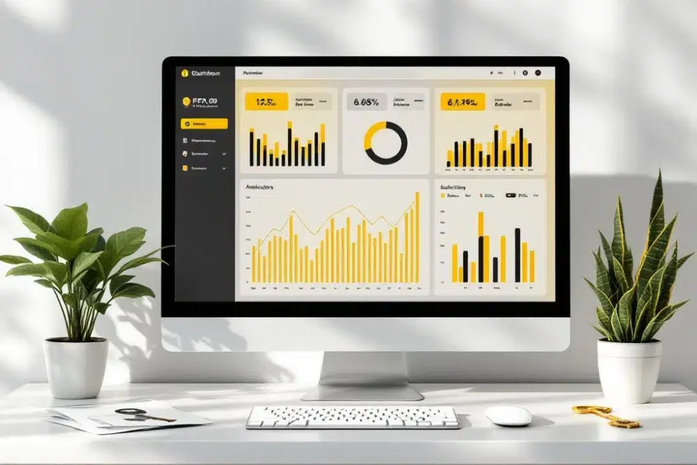 Dashboard interface met kleurrijke analysegrafieken en boekingsdata voor accommodatiebeheer op wit bureau met plant