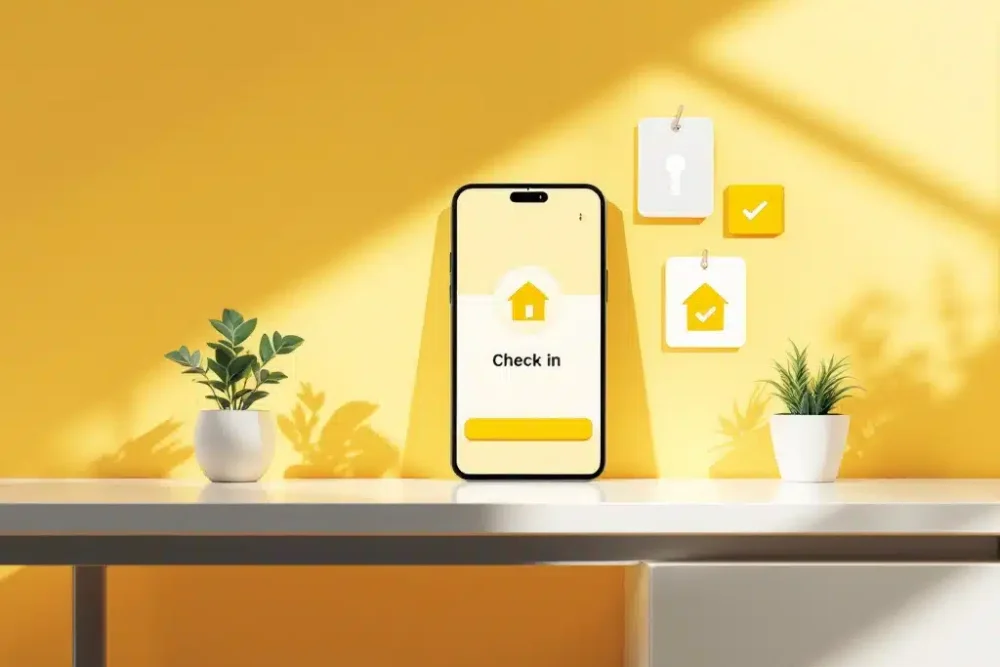 Hotel sleutelkaart en smartphone met digitale check-in interface op wit bureau met plant en iconen