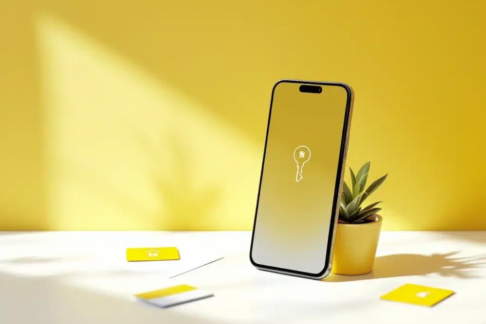 Smartphone met digitale sleutel-icoon op wit bureau naast plant, illustratie van contactloos inchecken concept