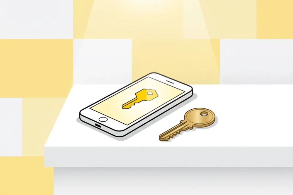 Smartphone met gele digitale sleutel icoon naast traditionele messing hotelsleutel op witte receptiebalie