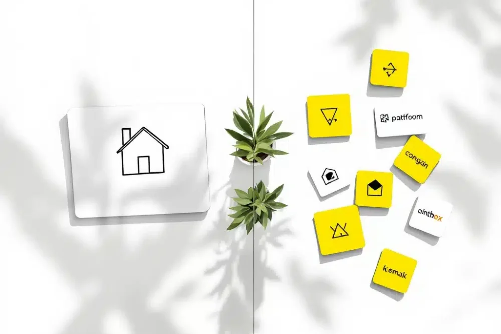 Split-screen vergelijking van directe boekingen versus platforms, getoond op computerscherm en kaarten op wit bureau