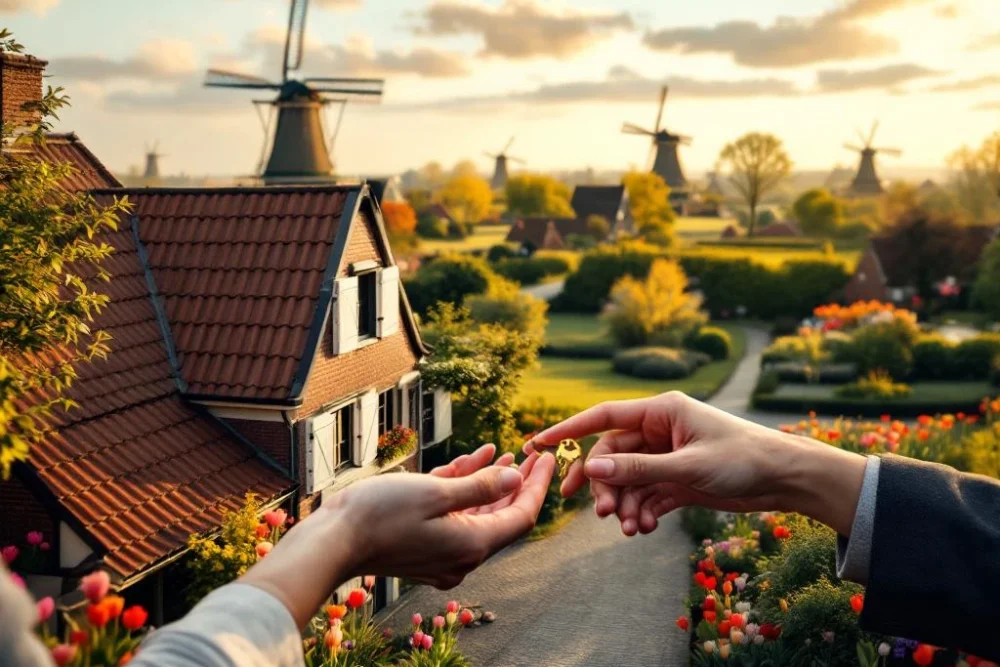 Nederlandse bed and breakfast met rode daken tussen tulpen en windmolens, handen wisselen gouden sleutels uit