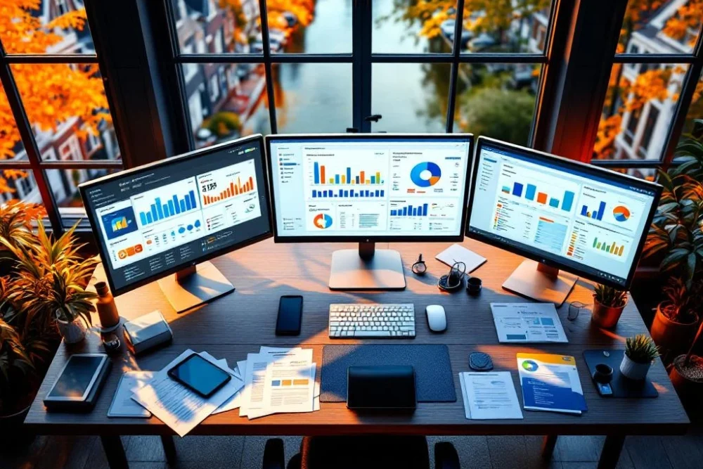 dutch-hospitality-management-pms-dashboard-office.jpg Moderne Nederlandse hotelmanagement kantoor met inventaris dashboards op monitors en uitzicht op grachtenhuizen