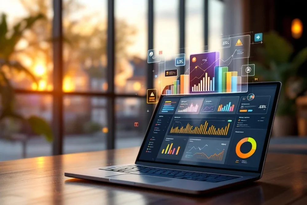 dutch-hotel-digital-marketing-dashboard-lobby.jpg Laptop met holografische advertentie-dashboards in moderne Nederlandse hotellobby met traditionele architectuur