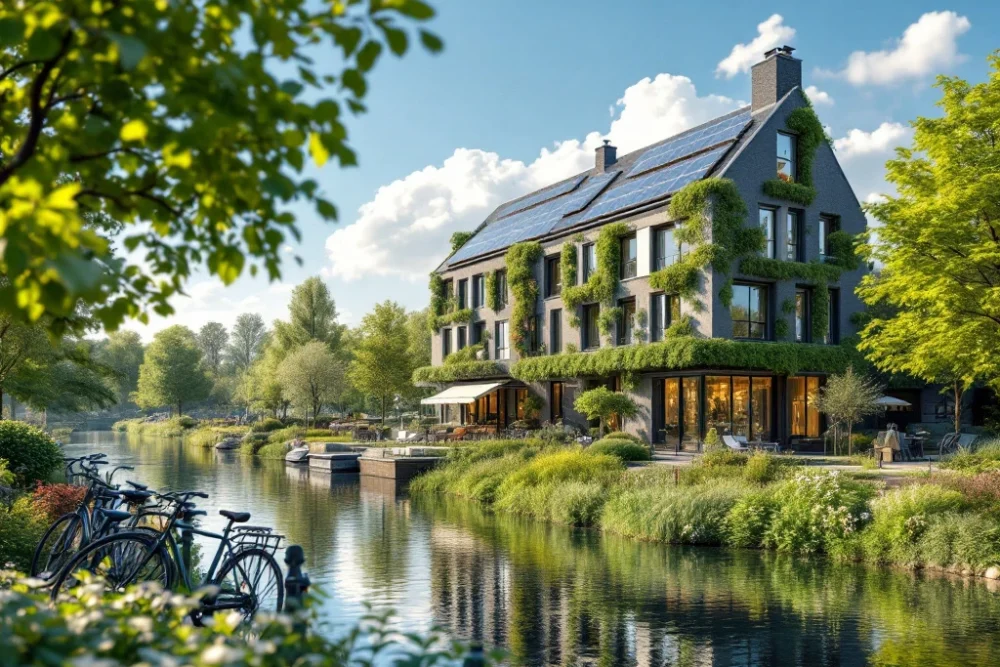Modern hotel in een groene Nederlandse omgeving met zonnepanelen en verticale tuinen, naast een kanaal en geparkeerde fietsen. Modern hotel in groene omgeving met zonnepanelen en verticale tuinen; fietsen geparkeerd bij kanaal, symbool voor duurzaamheid.
