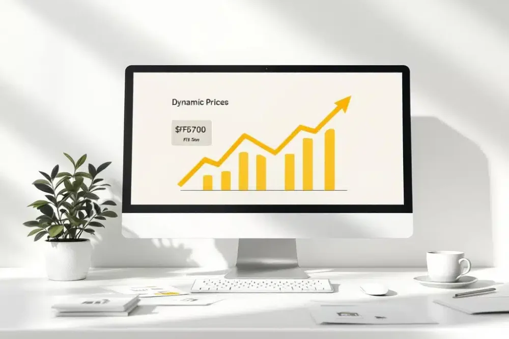 Computermonitor met dynamische prijsgrafieken en pijlen voor accommodatie pricing management op wit bureau met plant