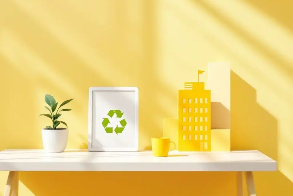 eco-hotel-duurzaamheid-illustratie-minimalistisch.jpg Geel hotelgebouw silhouet op bureau met groene bladeren, recycling symbolen en plantje voor duurzaam toerisme