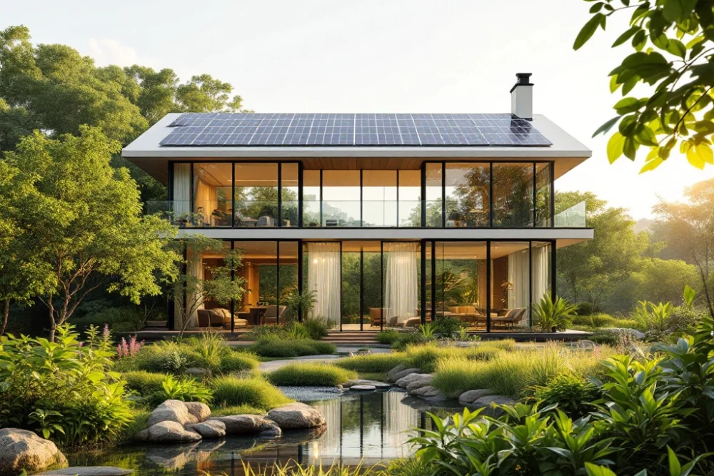 Een eco-vriendelijk hotel in groene omgeving met moderne architectuur, zonnepanelen, een tuin met inheemse planten en een kleine vijver. Eco-vriendelijk hotel in groene omgeving met moderne architectuur, zonnepanelen, en een serene tuin met vijver; symbool van duurzaamheid.