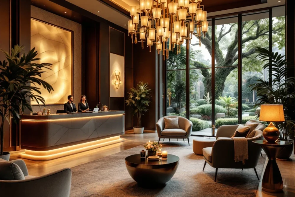 Elegante hotel lobby met warme verlichting, luxe meubels, receptie en groene tuin, weerspiegelt gastvrijheid en duurzaamheid. Elegante hotellobby met warme verlichting, luxe meubels, een grote kroonluchter en uitzicht op groene tuin. Ontvangstbalie met vriendelijk personeel.