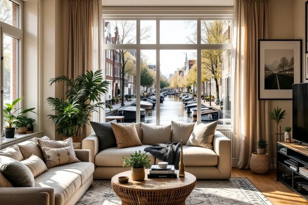 Een sfeervolle, moderne woonkamer met luxe meubels, kunst, en kamerplanten, biedt uitzicht op een pittoreske Nederlandse gracht. Moderne, gezellige woonkamer met luxe meubels, kunst, planten en groot raam met uitzicht op een schilderachtig Nederlands kanaal.