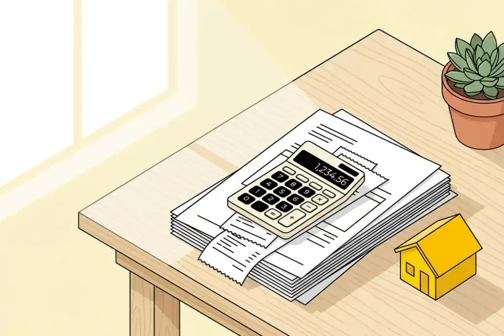 Houten bureau met financiële documenten, rekenmachine, geel huismodel en succulent plant in natuurlijk licht