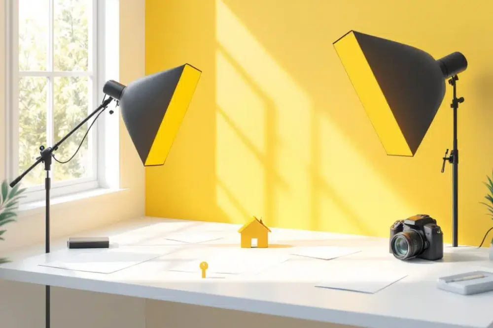 Moderne camera op wit bureau met gele fotografie-verlichting, huissleutel en papieren mockups in natuurlijk licht