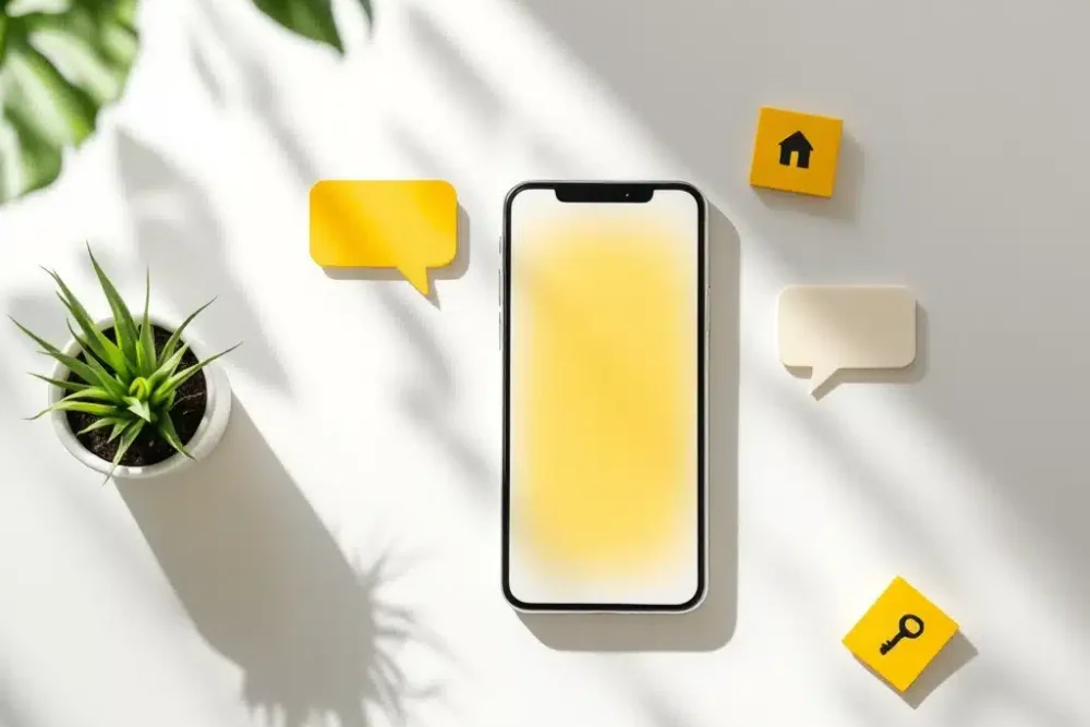 Smartphone met gele berichtbubbels op wit bureau, omringd door kaartjes met huis- en sleutelpictogrammen voor gastcommunicatie