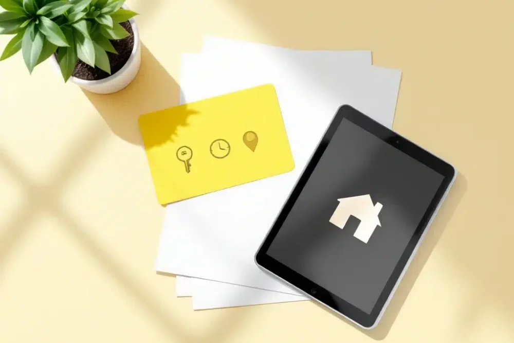 Gele informatiekaart met sleutel-, klok- en locatiepictogrammen op bureau met tablet en plantje voor gasteninformatie
