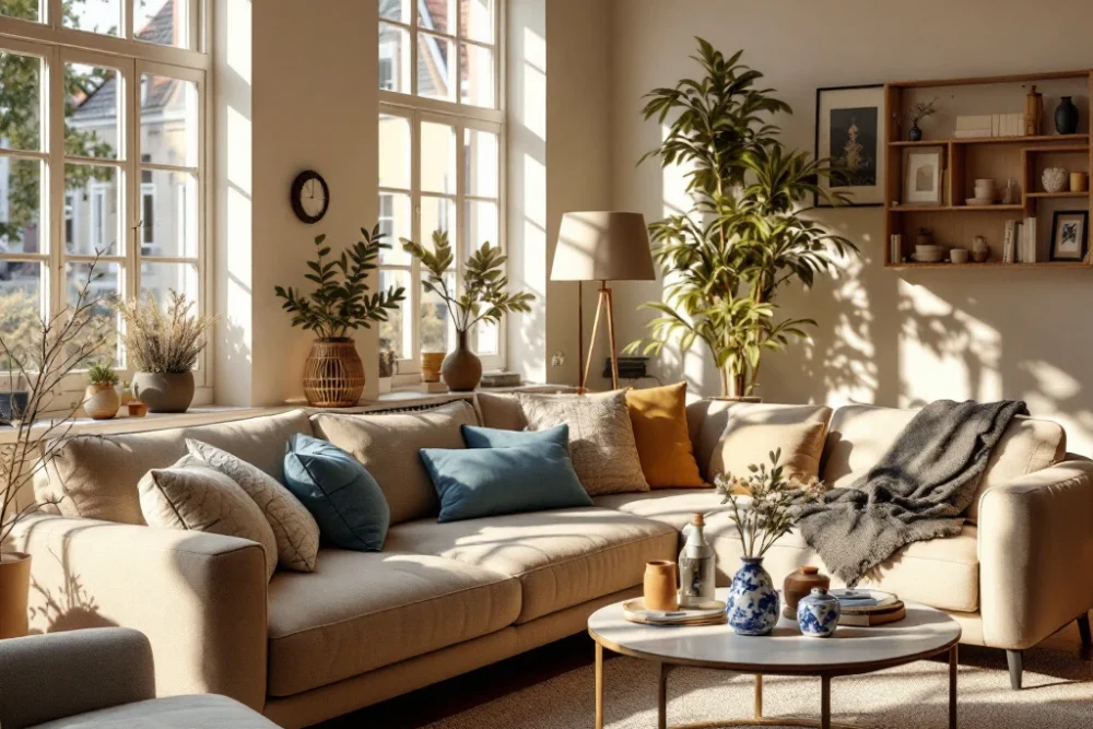 Een sfeervolle Airbnb in een Nederlands herenhuis, met veel zonlicht, moderne meubels, Delfts blauw, en een uitnodigende, luxe sfeer. Interieur van een gezellig Airbnb in een Nederlands herenhuis met moderne meubels, Delftse accenten en zonlicht door grote ramen.