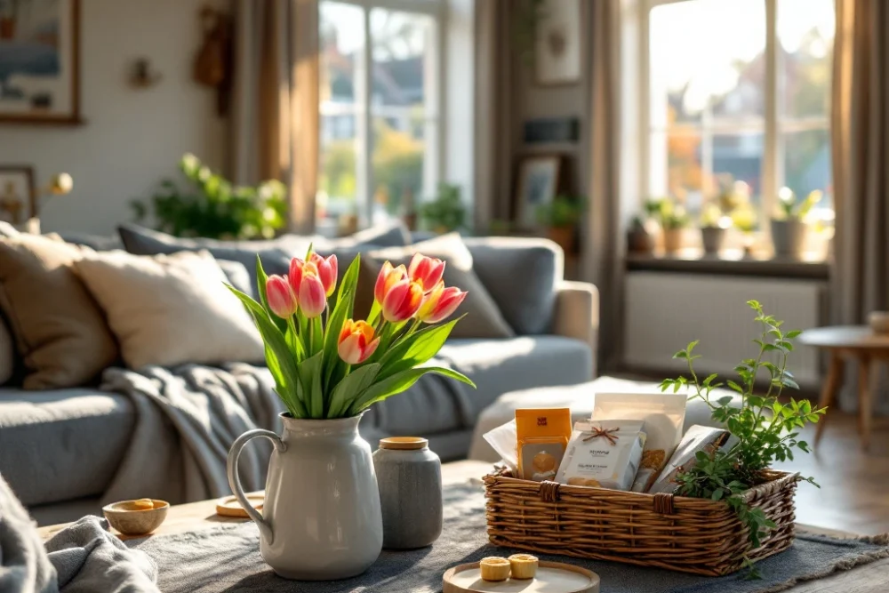 Een gezellige Airbnb-woonkamer met zonlicht, moderne inrichting en een welkomstmand met tulpen, straalt comfort en gastvrijheid uit. Een gezellige Airbnb-woonkamer met zonlicht, moderne inrichting, een welkomstmand met tulpen en traktaties, straalt comfort en gastvrijheid uit.