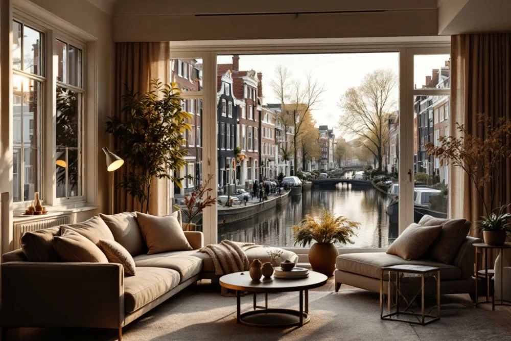 Gezellig Airbnb-interieur in Nederland: modern ingericht, luxe details, grote ramen met uitzicht op een schilderachtig kanaal. Gezellige Nederlandse Airbnb met modern interieur, luxe meubels, zacht licht, en uitzicht op een kanaal met traditionele architectuur.
