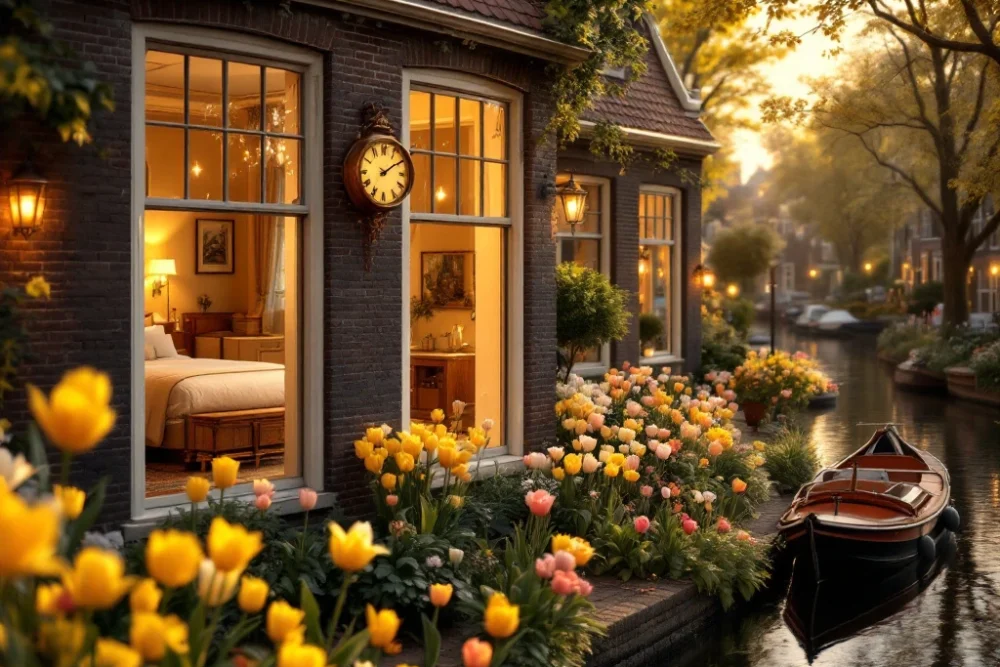 grachtenpand-hotel-luxe-amsterdam-gouden-uur.jpg Sfeervol Nederlands grachtenpand hotel tijdens gouden uur, met luxe kamer zichtbaar, omringd door tulpen en een gracht met traditionele bootjes.