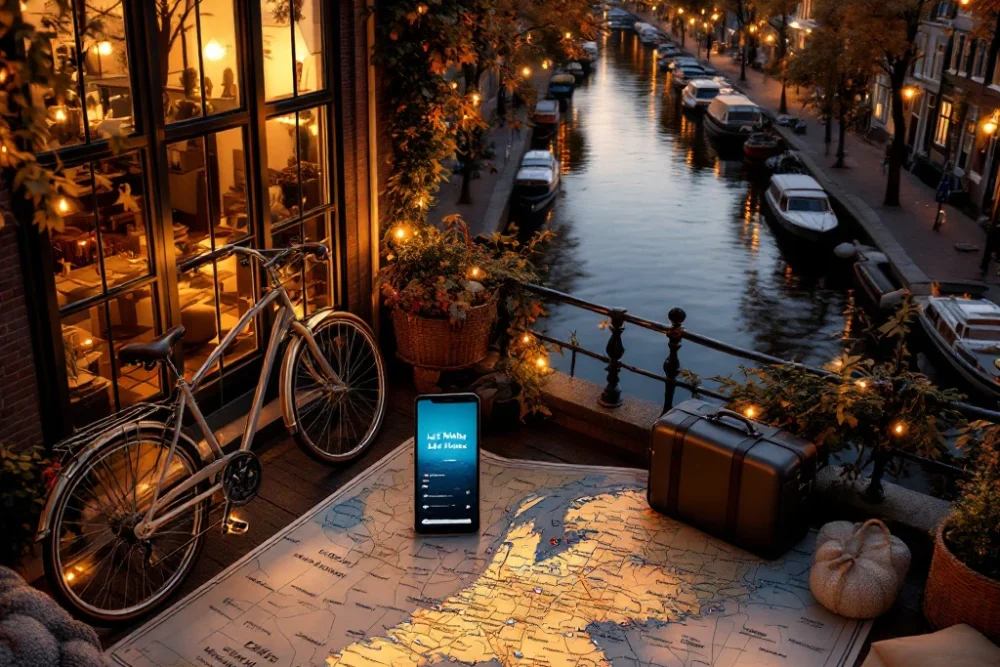amsterdam-grachtenpand-lastminute-reizen-herfst.jpg Amsterdams grachtenpand in avondlicht met smartphone toonend "Last Minute" melding, halfgepakte koffer, Nederlandse fiets en reiskaart in herfstkleuren.