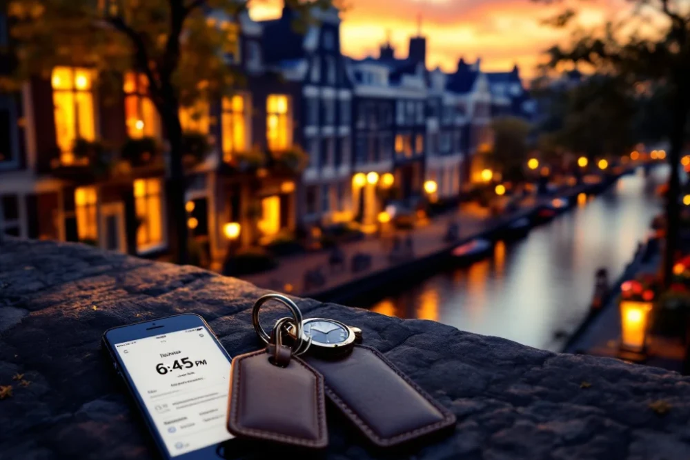 amsterdam-grachtenpand-luxe-hotel-kamer-uitzicht.jpg Luxe hotelsuite aan Amsterdamse gracht tijdens gouden uur, met kamerssleutel, boekingsbevestiging en klok die 6:45 toont, omringd door typisch Nederlandse elementen.