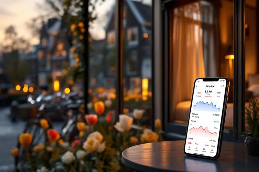grachtenhuishotel-lastminute-korting-zonsondergang-amsterdam.jpg Sfeervol grachtenpand hotel bij zonsondergang met zichtbare comfortabele kamer, smartphone met boekingsapp, fietsen bij de ingang en tulpen langs de gracht.