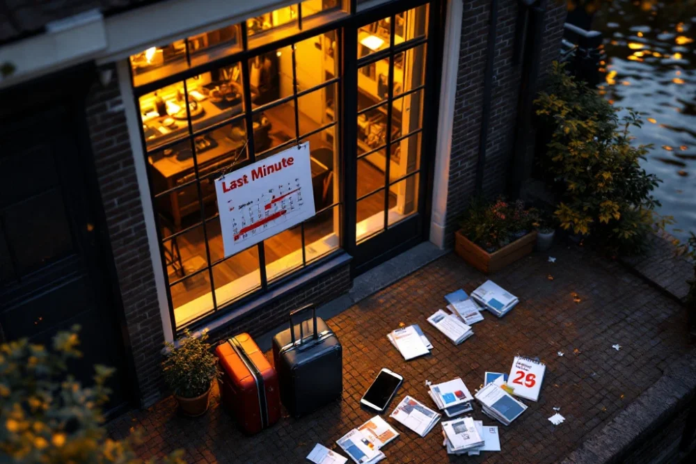 lastminute-amsterdam-grachtenhuizen-prijsfout.jpg Luchtfoto van Amsterdams grachtenpand met 'Last Minute' bordje, lege koffer bij de deur, en smartphone met kalender in gouden avondlicht.