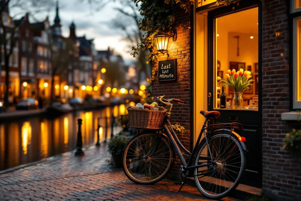 grachtenpand-last-minute-accommodatie-amsterdam-gezellig.jpg Gezellig Nederlands grachtenpand met openstaande deur, fiets en welkomstmand bij schemering. "Last Minute" label aan deurknop, tulpen zichtbaar door raam.