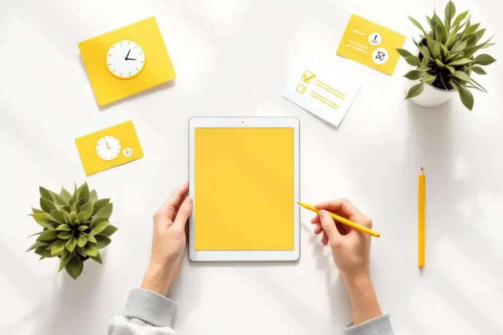 hospitality-management-planning-checklist-voorbereiding.jpg Tablet met checklist en kloksymbolen op bureau, gele accenten, plant ernaast - hospitality planning en tijdbeheer